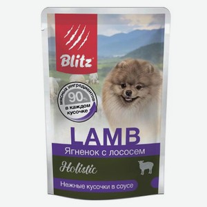 БЛИЦ консервированный корм для собак Холистик/Мелкие породы/Ягненок, лосось кусочки в соусе 85 г в 300 кормах
