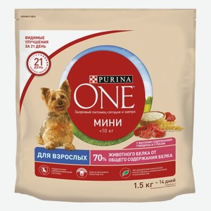Сухой корм PURINA ONE мини для взрослых собак <10 кг, 1,5 кг — 509 ₽, Метро с 8 по 21 октября